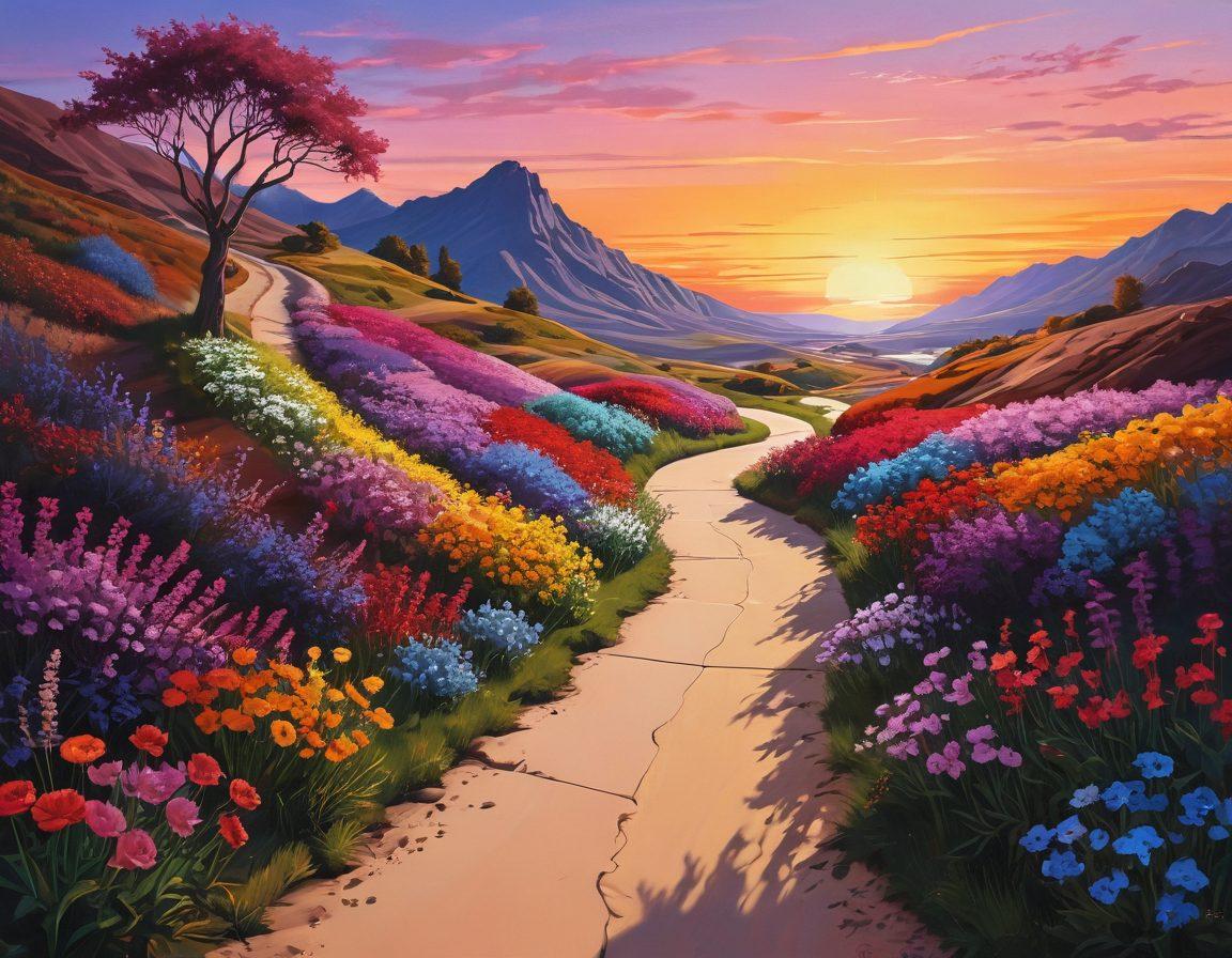 A surreal landscape depicting a winding path through a colorful and abstract representation of adult entertainment, featuring various symbols of intimacy and attraction, intertwined with elements like blooming flowers and playful shadows. A subtle sunset creates a warm glow, while the backdrop suggests a blend of curiosity and exploration. The overall tone is inviting and thought-provoking. vibrant colors. surrealism. fantasy art.