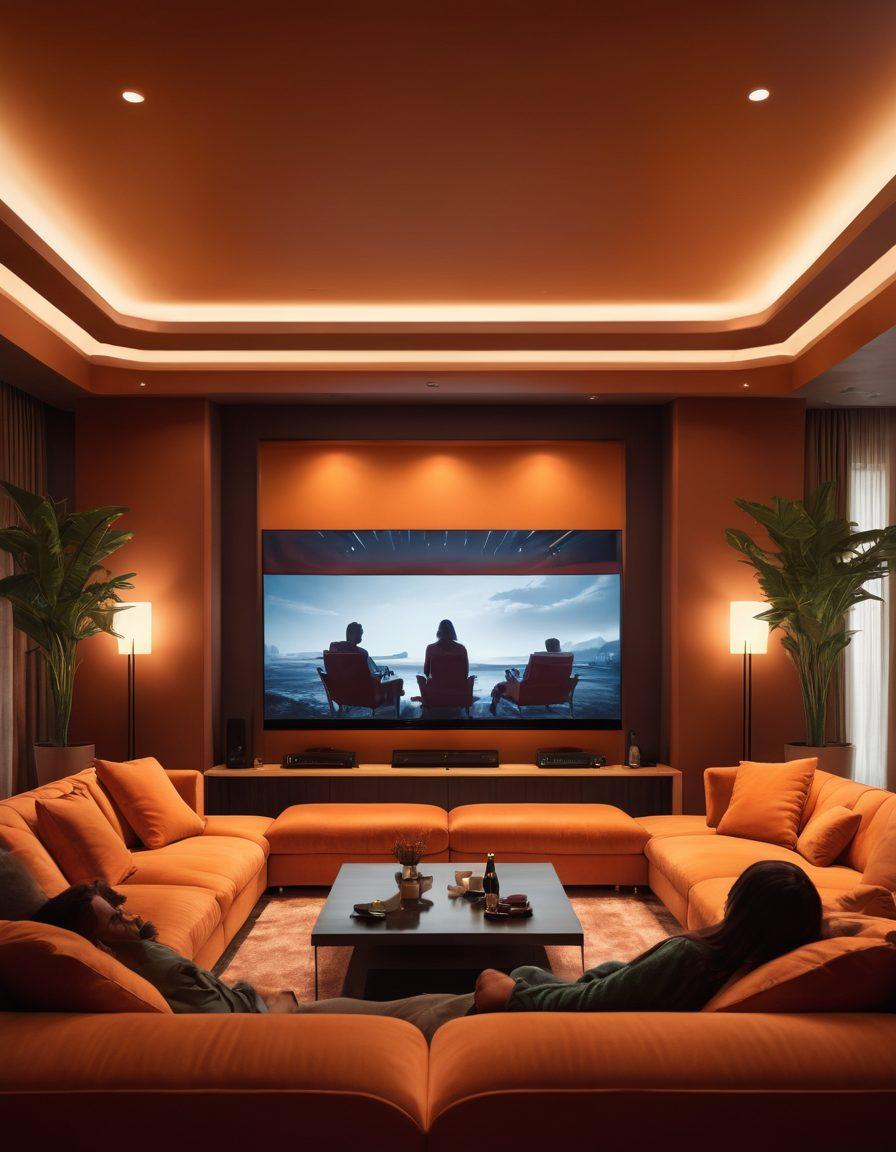 A captivating scene depicting a stylish lounge with comfortable seating, soft lighting, and a large screen playing immersive adult streaming content. Include silhouettes of diverse couples enjoying themselves, surrounded by artistic representations of different adult media forms like classic films and modern streaming interfaces. The atmosphere should evoke an inviting sense of exploration and intimacy. super-realistic. warm colors. low light.