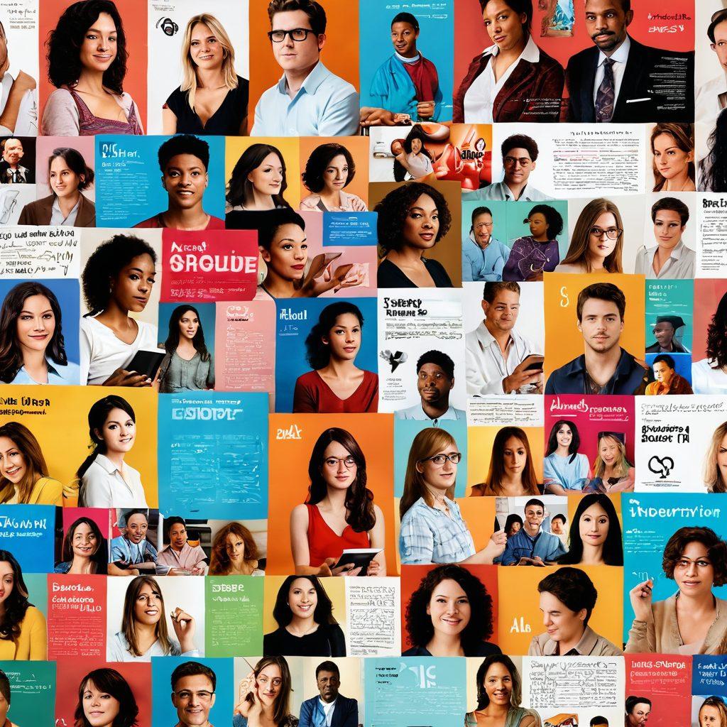 A vibrant and engaging collage illustrating the blend of sex education and adult media; featuring diverse individuals of varying ages studying interactive multimedia, with educational diagrams, clear consent messages, and open communication symbols; the background includes blurred imagery of adult film sets to signify the media aspect, all wrapped in a warm and empowering color palette. super-realistic. vibrant colors. dynamic composition.